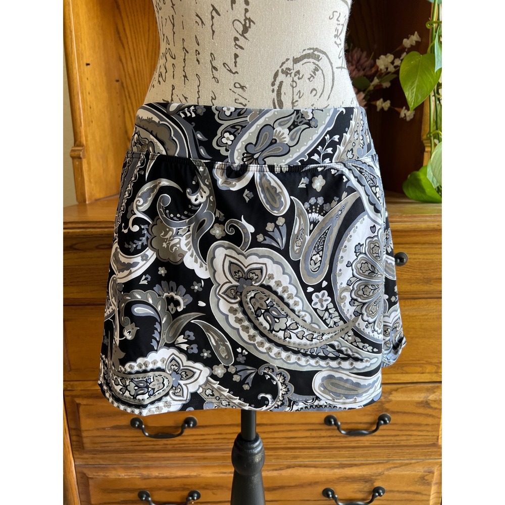 Lands End Womens Paisley Swim Skirt Black White Grey Size 2 Built-in Brief